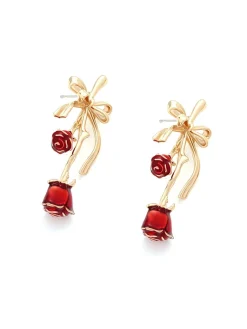 Sale Retro Stage Retro Gold Ribbon 3D Rose Earrings