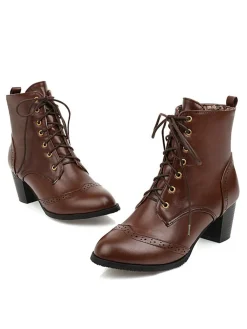 Sale Retro Stage Retro Leather Medium Heel Lace-Up Combat Boots