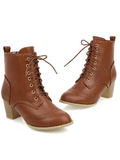 Sale Retro Stage Retro Leather Medium Heel Lace-Up Combat Boots