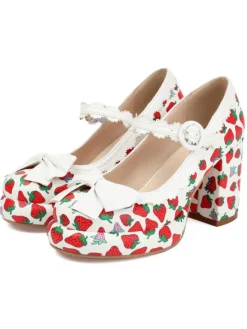 Outlet Retro Stage Retro Leather Strawberry Bow Chunky Heels