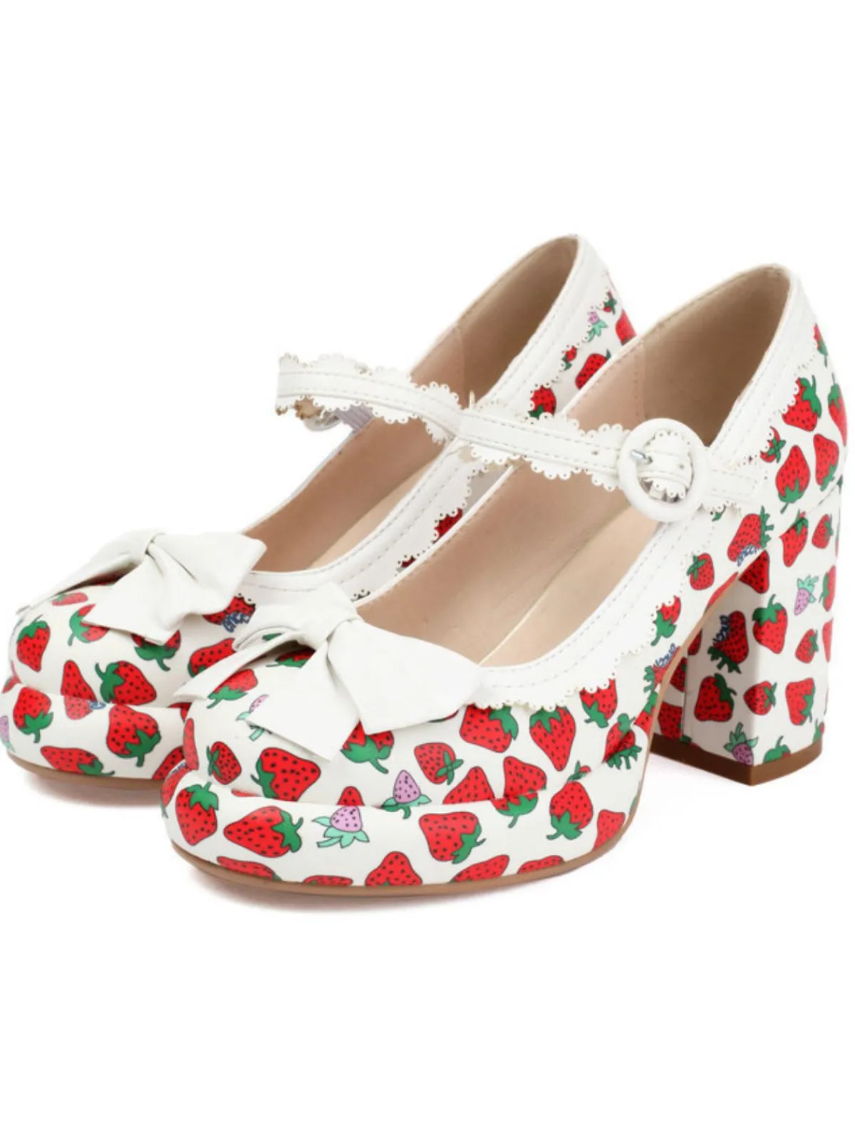 Outlet Retro Stage Retro Leather Strawberry Bow Chunky Heels
