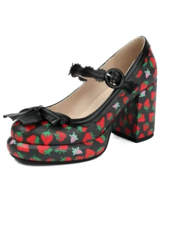 Outlet Retro Stage Retro Leather Strawberry Bow Chunky Heels