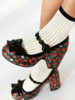 Outlet Retro Stage Retro Leather Strawberry Bow Chunky Heels