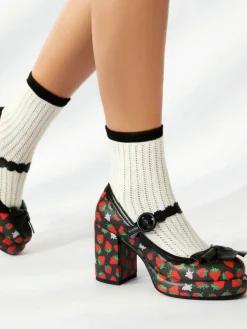 Outlet Retro Stage Retro Leather Strawberry Bow Chunky Heels