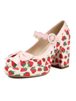 Outlet Retro Stage Retro Leather Strawberry Bow Chunky Heels