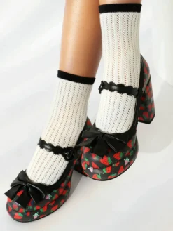 Outlet Retro Stage Retro Leather Strawberry Bow Chunky Heels