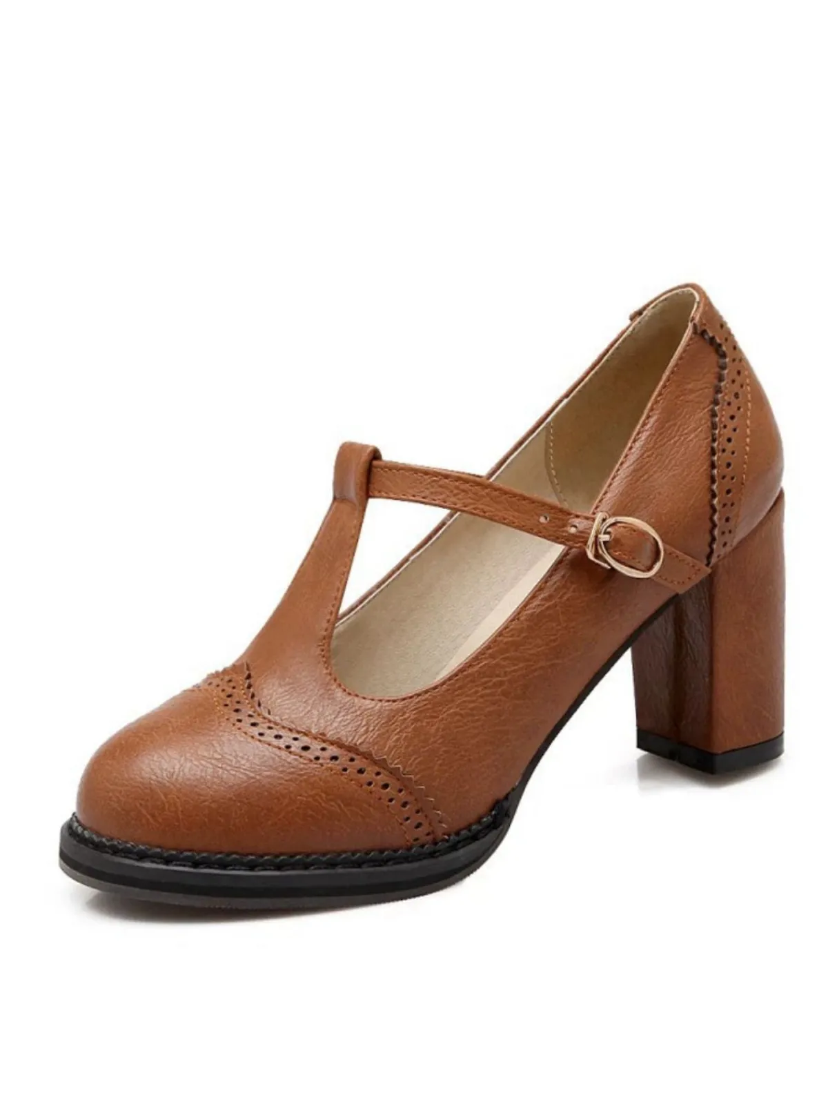 Best Retro Stage Retro Leather T-Strap Chunky Heel Shoes