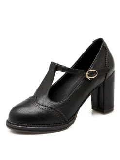 Best Retro Stage Retro Leather T-Strap Chunky Heel Shoes