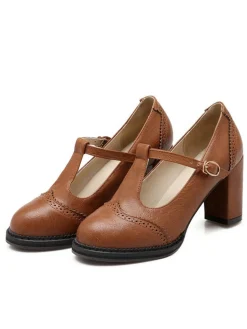 Best Retro Stage Retro Leather T-Strap Chunky Heel Shoes