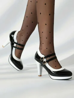 Discount Retro Stage Retro Mary Jane Chunky High Heels Shoes