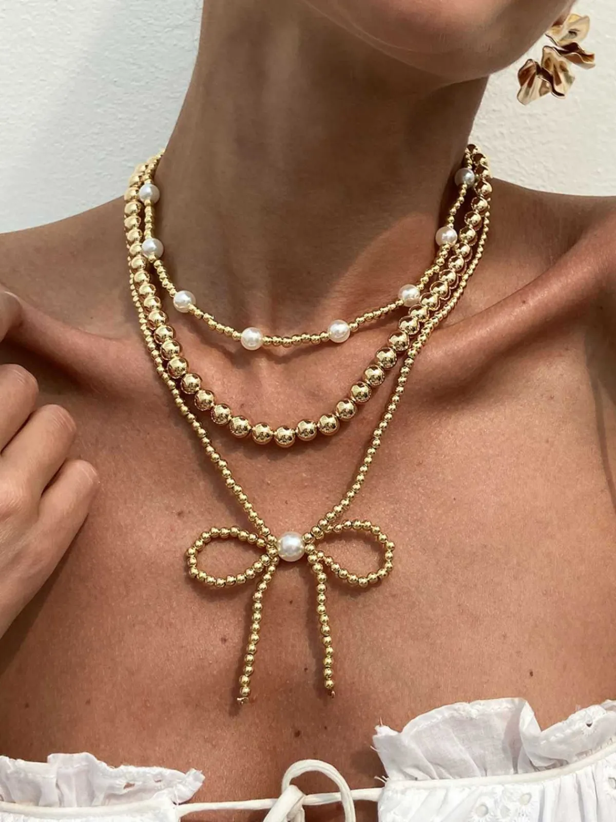 New Retro Stage Retro Pearl Beads Bow Layered Necklace