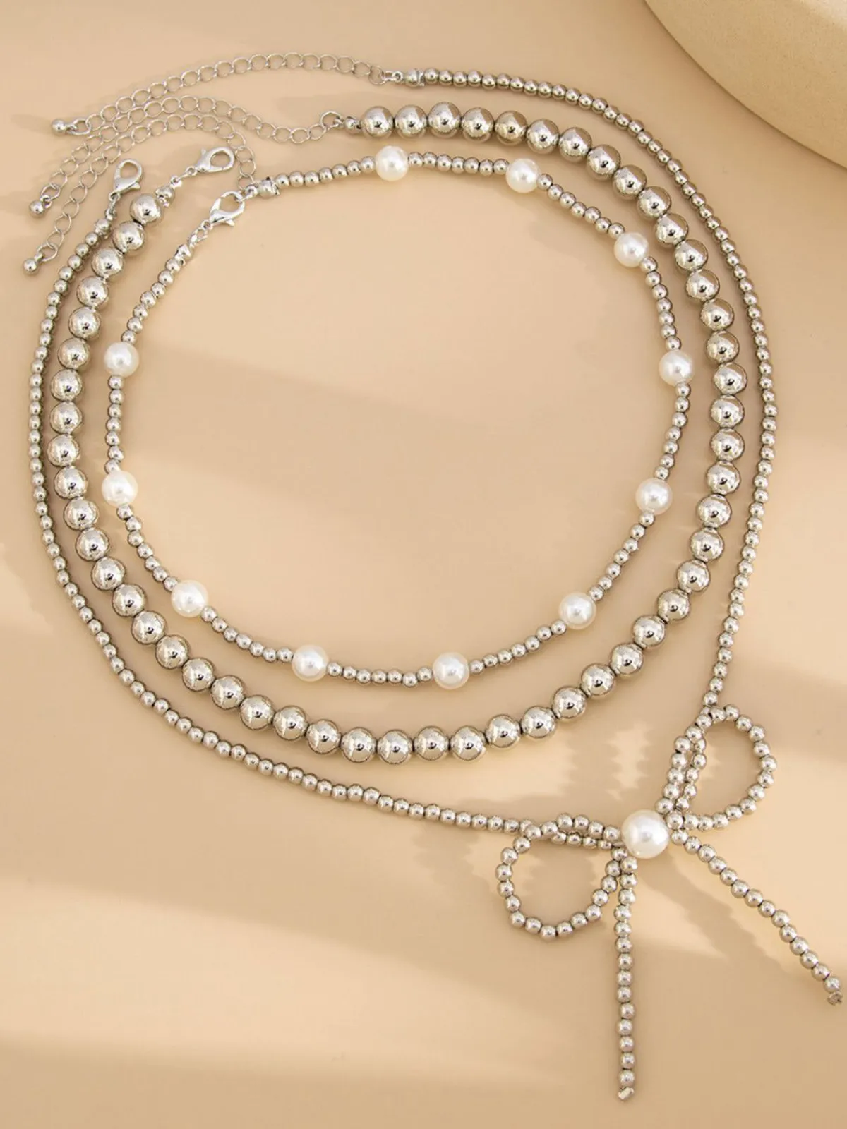 New Retro Stage Retro Pearl Beads Bow Layered Necklace