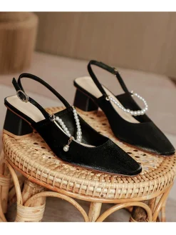 Outlet Retro Stage Retro Pearl Open Heel Black Chunky Heels Shoes