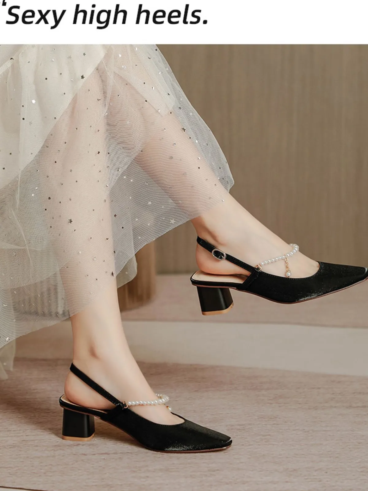 Outlet Retro Stage Retro Pearl Open Heel Black Chunky Heels Shoes