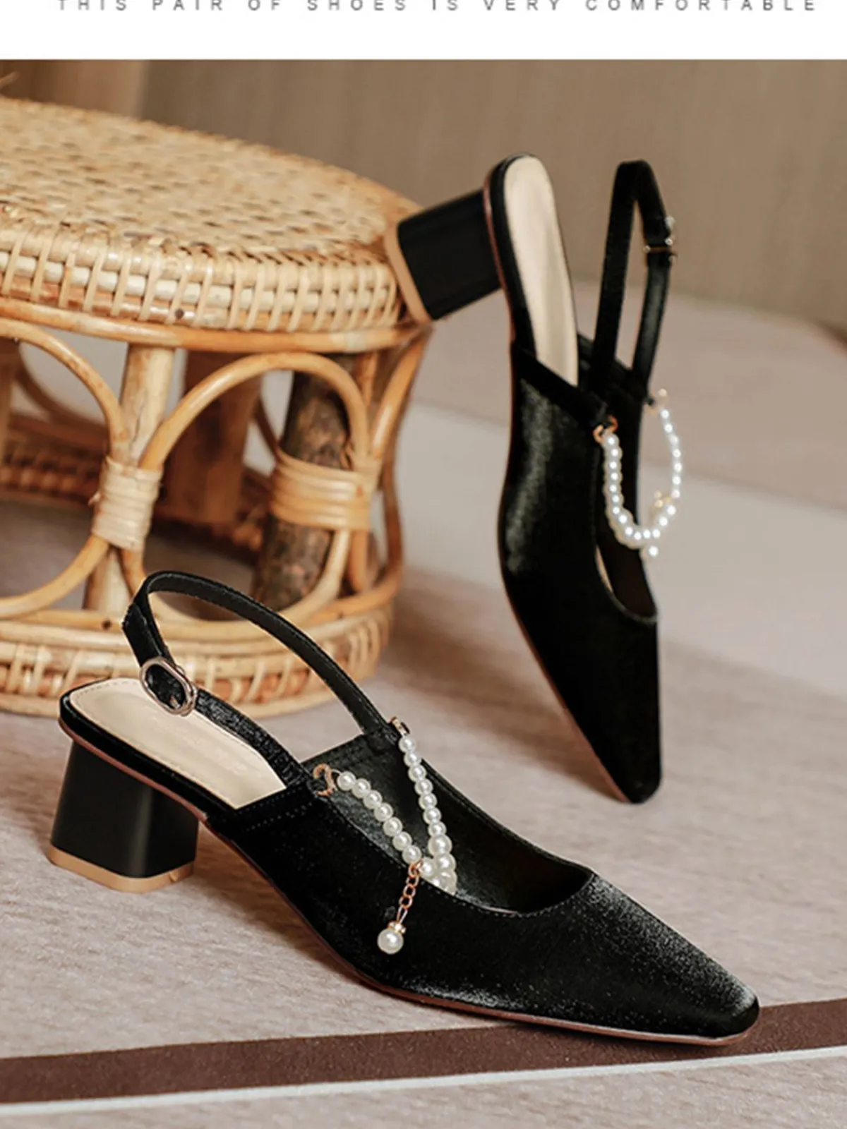 Outlet Retro Stage Retro Pearl Open Heel Black Chunky Heels Shoes