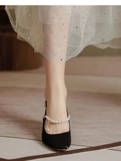 Outlet Retro Stage Retro Pearl Open Heel Black Chunky Heels Shoes