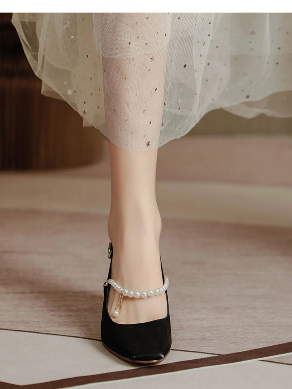Outlet Retro Stage Retro Pearl Open Heel Black Chunky Heels Shoes