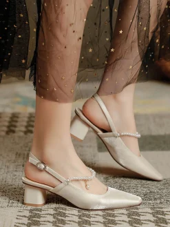 Outlet Retro Stage Retro Pearl Open Heel Black Chunky Heels Shoes