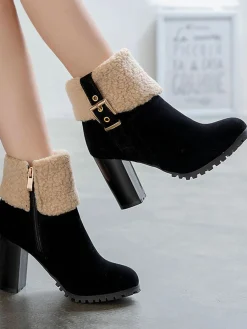 Hot Retro Stage Retro Plus Velvet Chunky Heel Short Boots