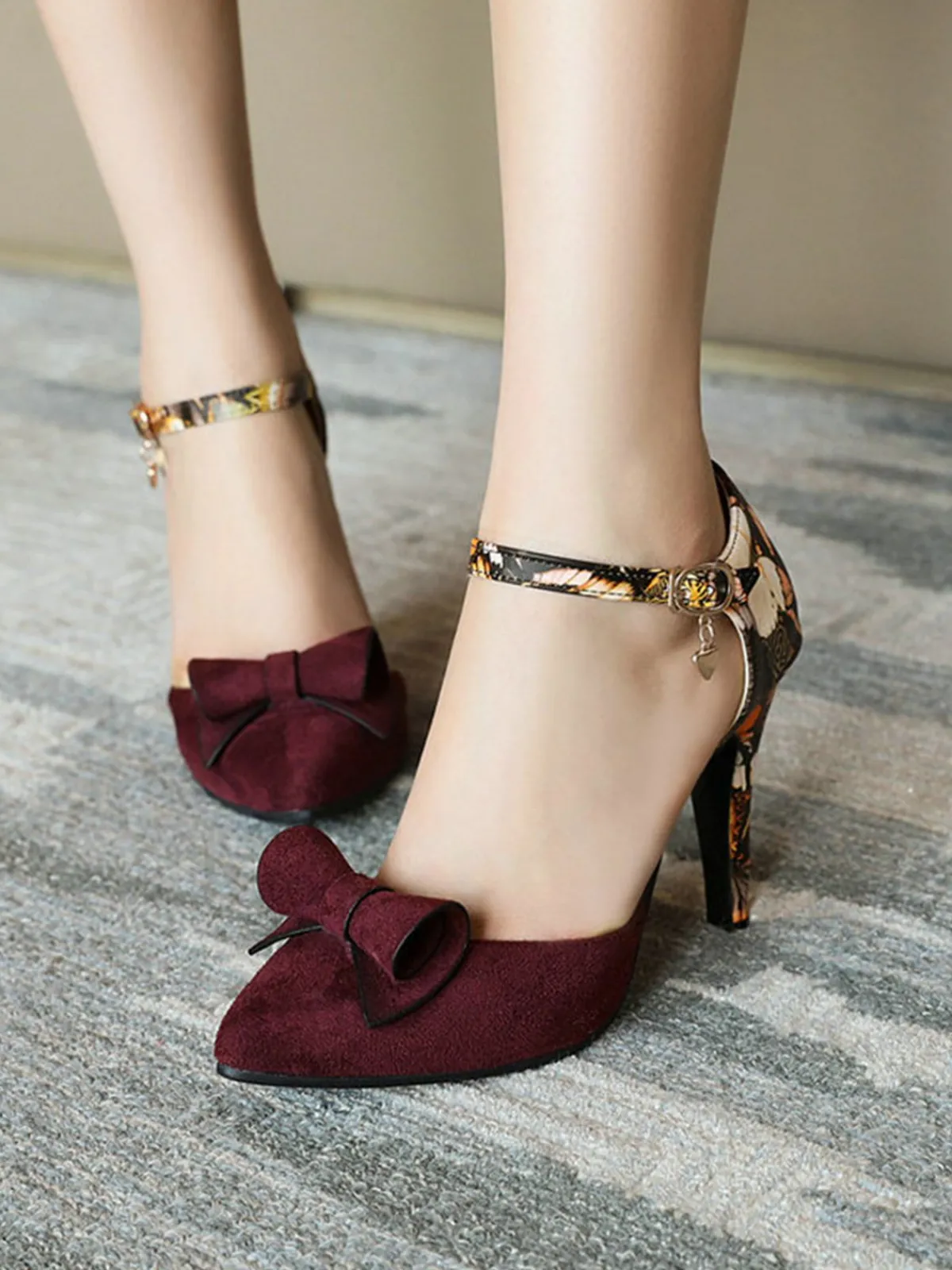 Fashion Retro Stage Retro Pointed Toe Bow High Heel Shoes Wine Red
