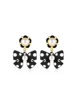Fashion Retro Stage Retro Polka Dots Bow Pearls Earrings
