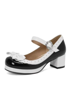 Best Retro Stage Retro PU Leather Bow High Heels