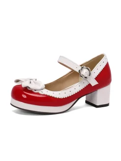 Best Retro Stage Retro PU Leather Bow High Heels