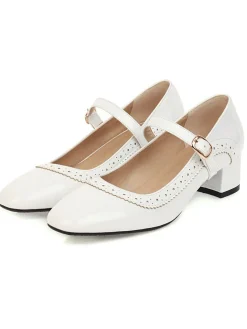 Online Retro Stage Retro PU Leather Solid Chunky Heels