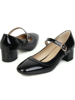 Online Retro Stage Retro PU Leather Solid Chunky Heels