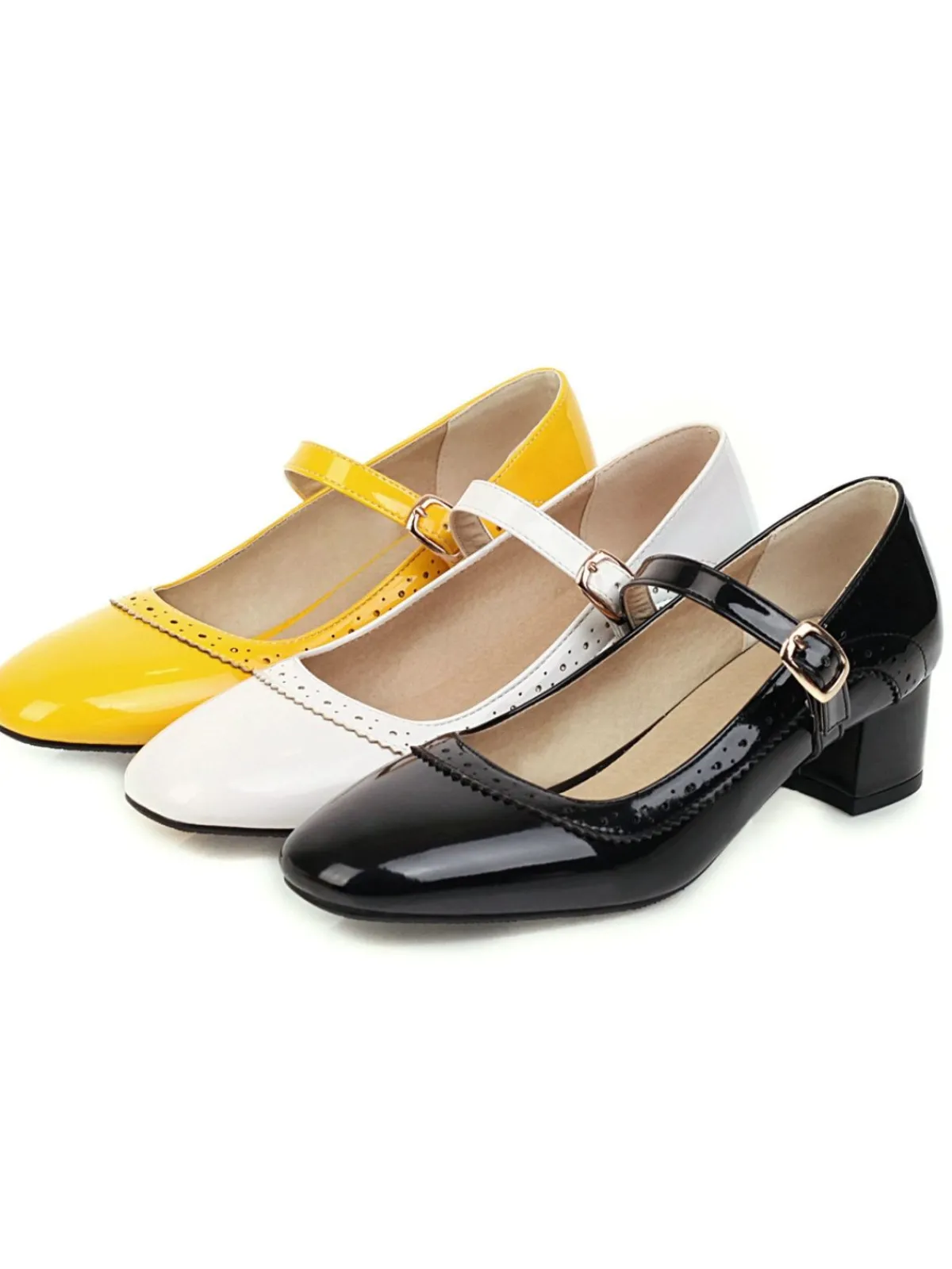 Online Retro Stage Retro PU Leather Solid Chunky Heels