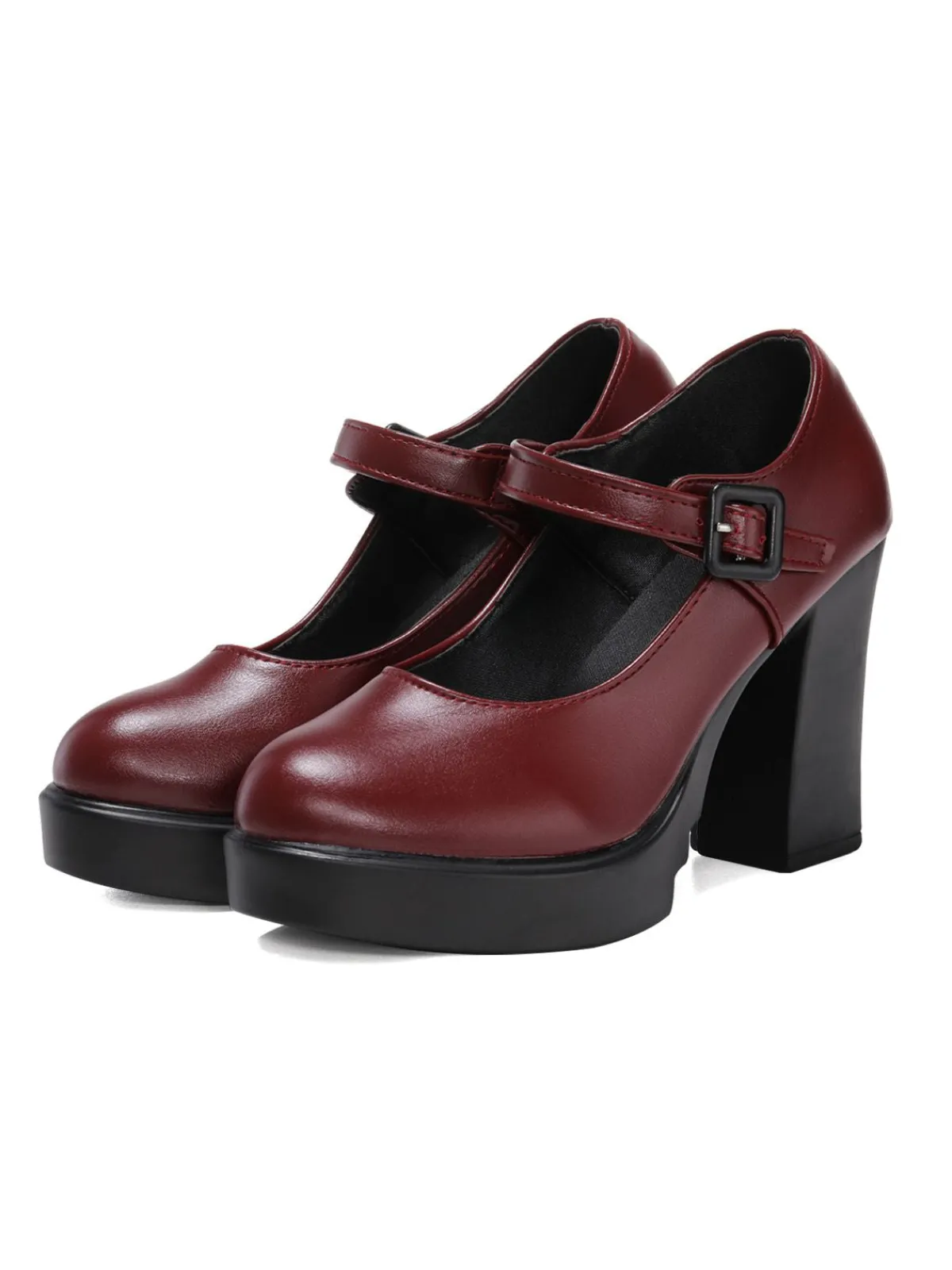 Discount Retro Stage Retro Round Toe Mary Jane High Heel Shoes Deep Red