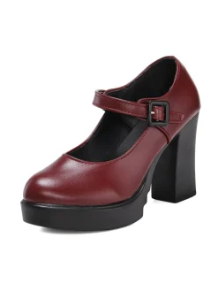 Discount Retro Stage Retro Round Toe Mary Jane High Heel Shoes Deep Red