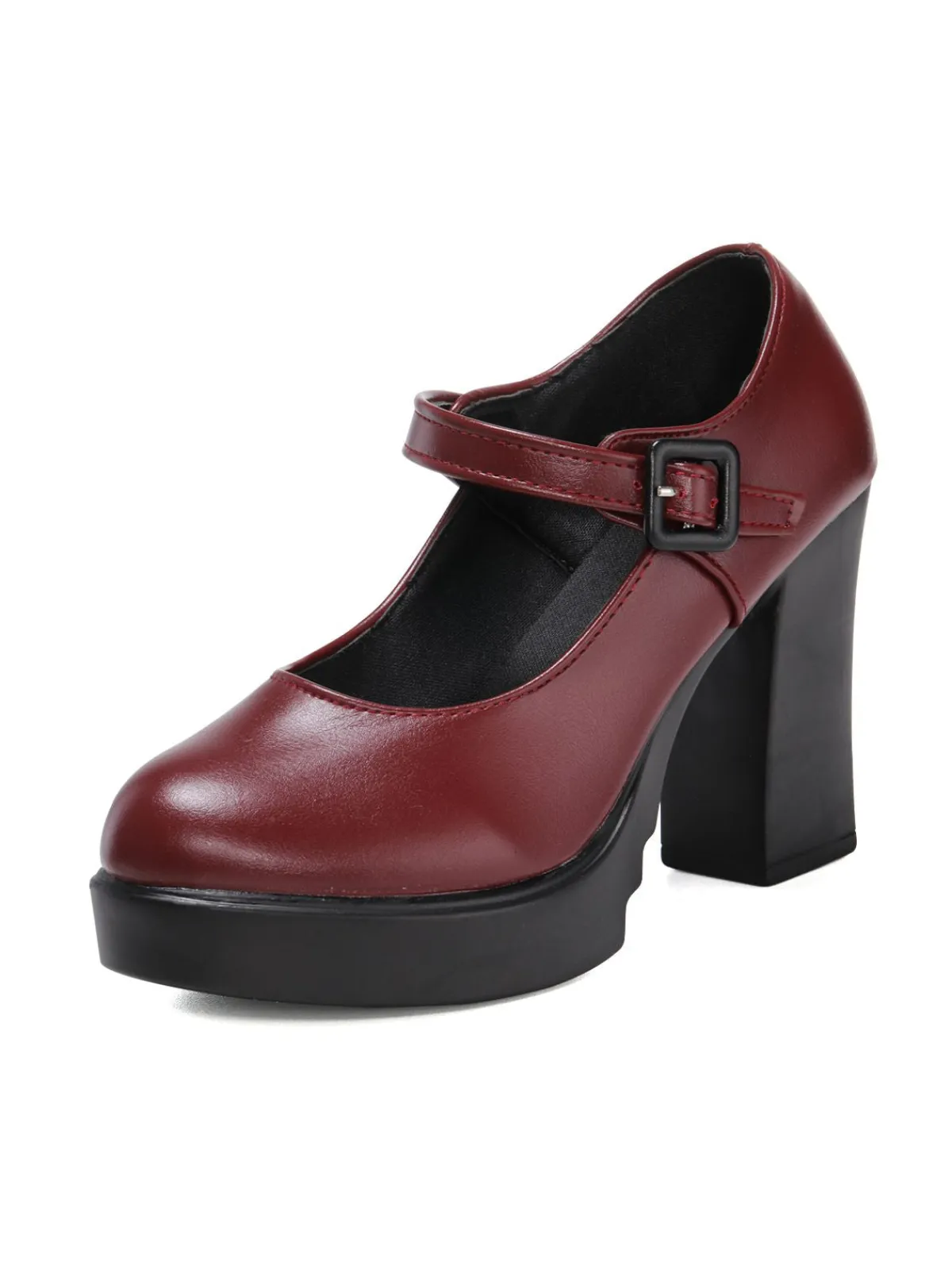 Discount Retro Stage Retro Round Toe Mary Jane High Heel Shoes Deep Red