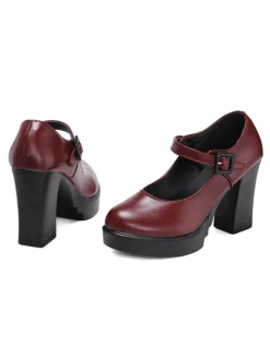 Discount Retro Stage Retro Round Toe Mary Jane High Heel Shoes Deep Red