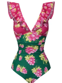 Online Retro Stage Retro 1950s Grape V-Neck Ruffle Sleeves Swimsuit Green