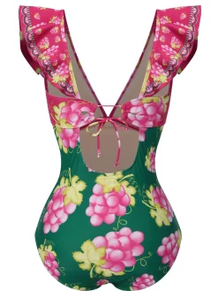 Online Retro Stage Retro 1950s Grape V-Neck Ruffle Sleeves Swimsuit Green