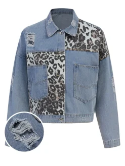Best Retro Stage Retro 1980s Leopard Patchwork Denim Jacket Blue