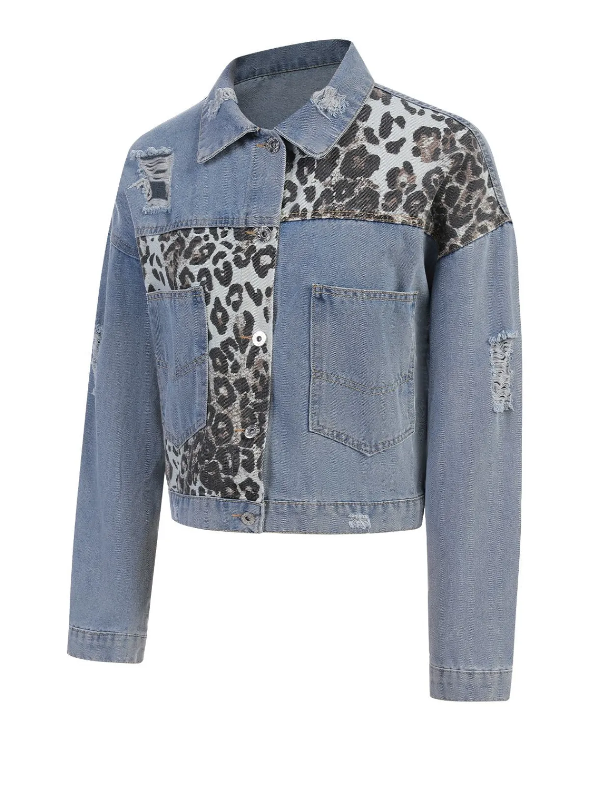 Best Retro Stage Retro 1980s Leopard Patchwork Denim Jacket Blue