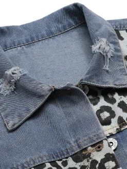 Best Retro Stage Retro 1980s Leopard Patchwork Denim Jacket Blue
