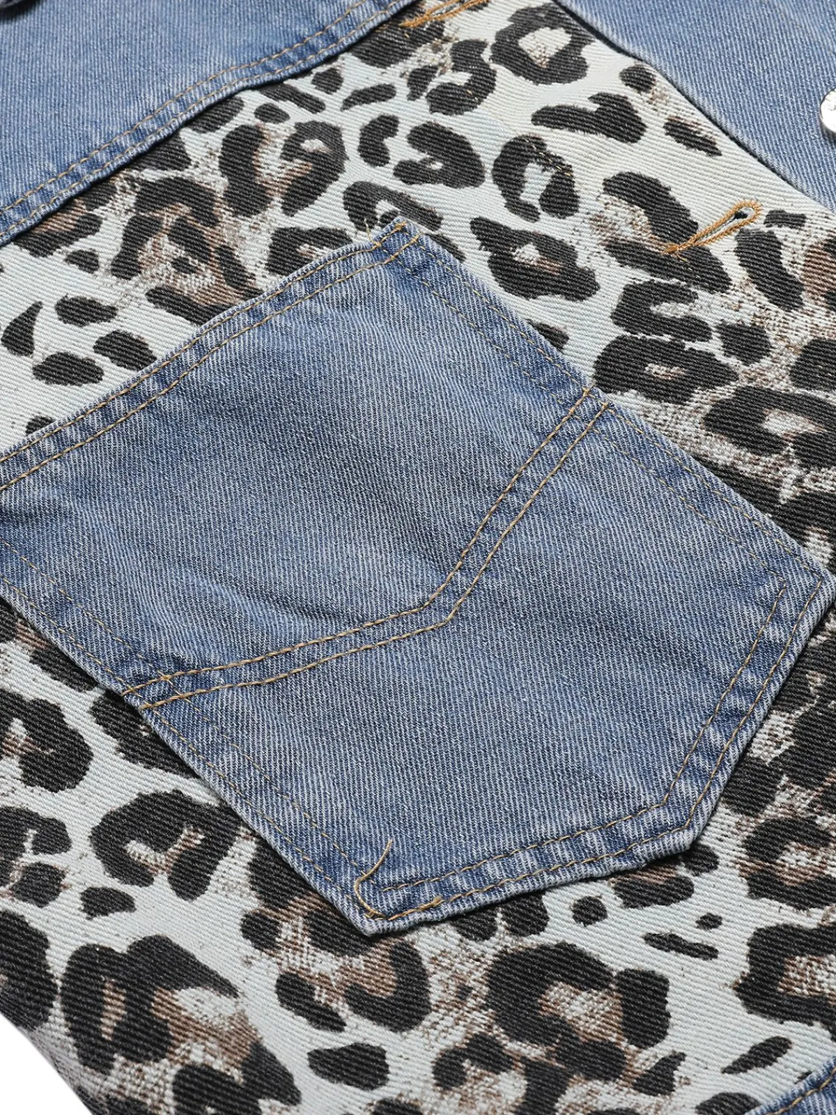 Best Retro Stage Retro 1980s Leopard Patchwork Denim Jacket Blue