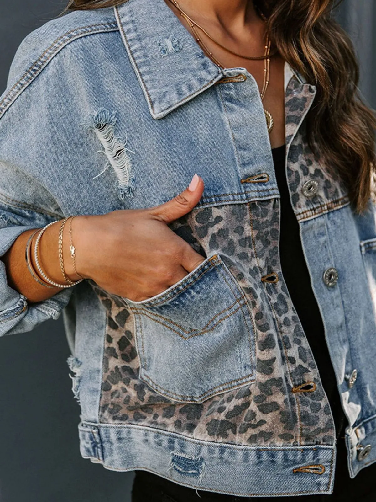 Best Retro Stage Retro 1980s Leopard Patchwork Denim Jacket Blue