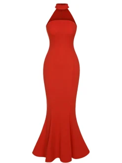 Sale Retro Stage Retro 1930s Solid Halter Mermaid Dress