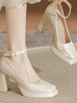 Online Retro Stage Retro Satin Block Heel Mary Jane Shoes