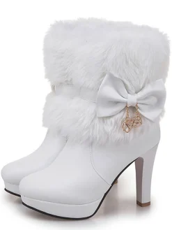 Online Retro Stage Retro Solid Furry Chunky Heel Short Boots