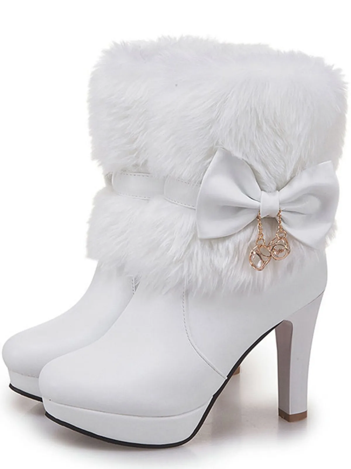 Online Retro Stage Retro Solid Furry Chunky Heel Short Boots