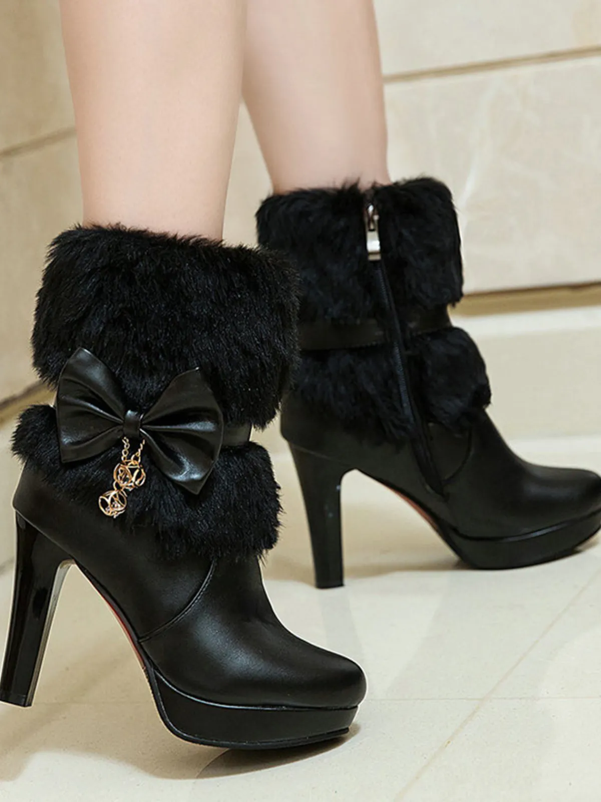 Online Retro Stage Retro Solid Furry Chunky Heel Short Boots