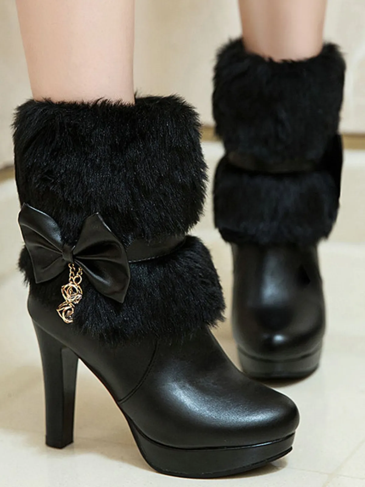 Online Retro Stage Retro Solid Furry Chunky Heel Short Boots