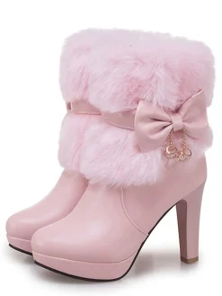 Online Retro Stage Retro Solid Furry Chunky Heel Short Boots