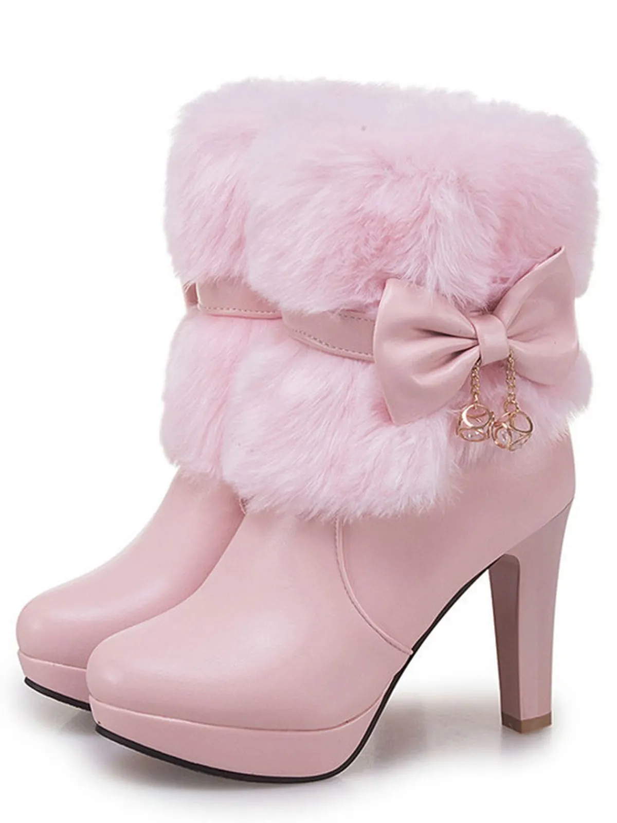 Online Retro Stage Retro Solid Furry Chunky Heel Short Boots