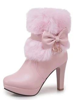 Online Retro Stage Retro Solid Furry Chunky Heel Short Boots